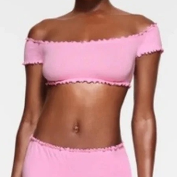 SKIMS Pointelle Pink Logo Crop Top NWT - Picture 1 of 6